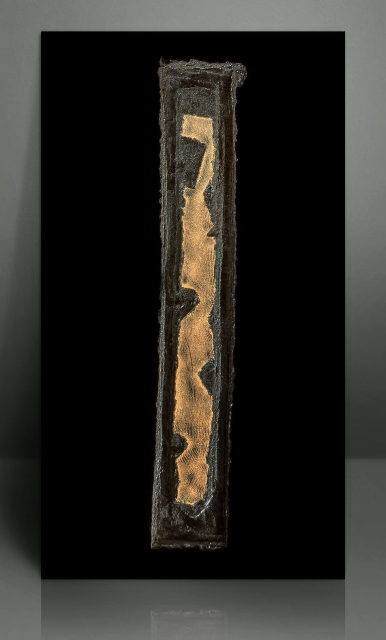 Vertical abstract mixed media art featuring textured gold leaf on a dark rectangular canvas.