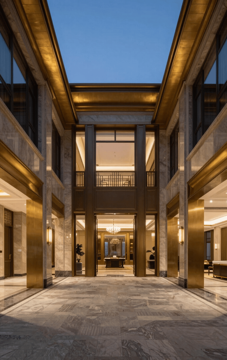 Symmetrical twilight architectural shot of a double-height residential lobby with gold fixtures, marble floors, and soft warm lighting