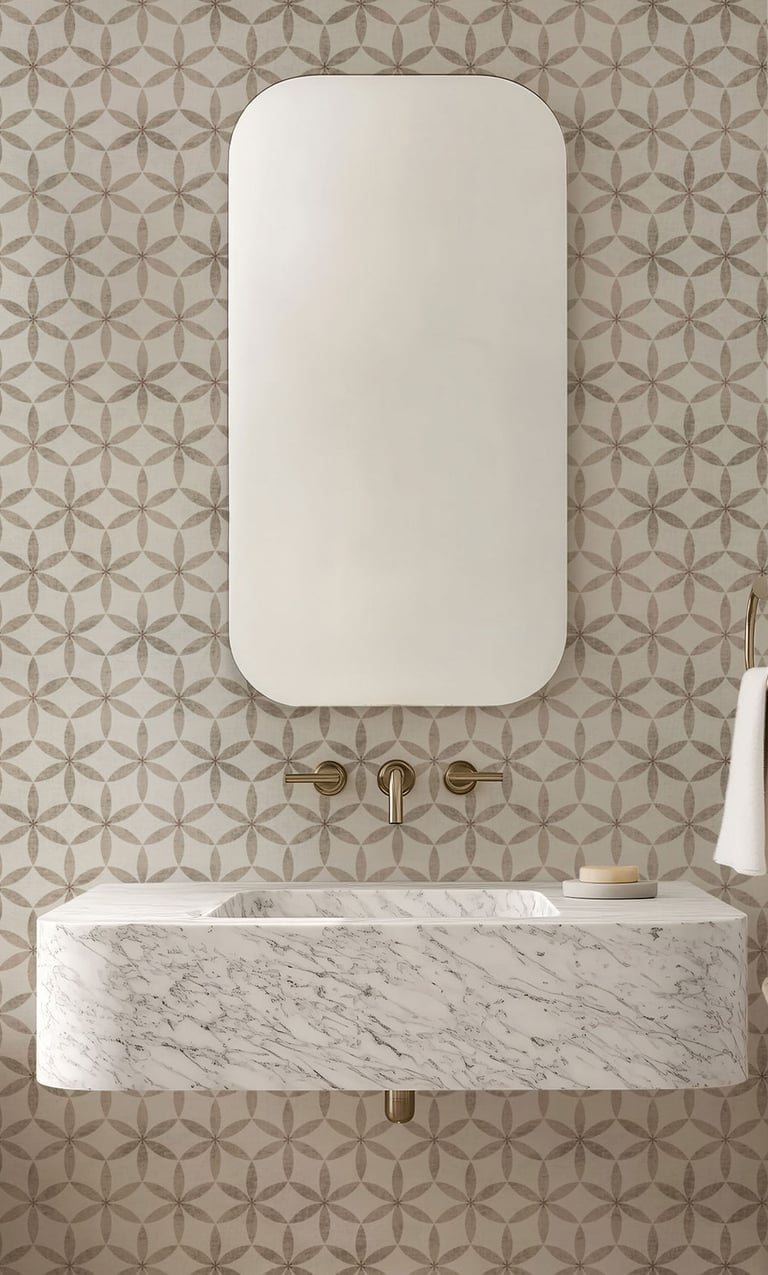 Beige Brown Stone look flower tile wallpaper - bathroom or kitchen wallpaper - The Wallpaper Edit