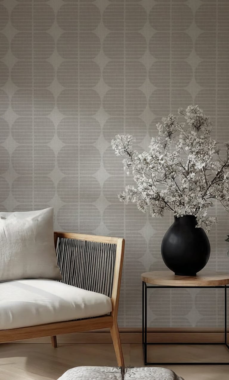 Modern beige Mid-century Organic geometric wallpaper in a living room — The Wallpaper Edit 