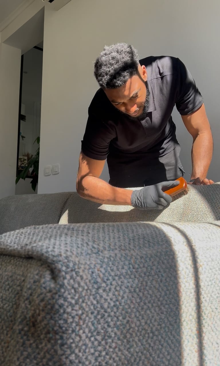 a man in a black shirt and gloves is cleaning a couch