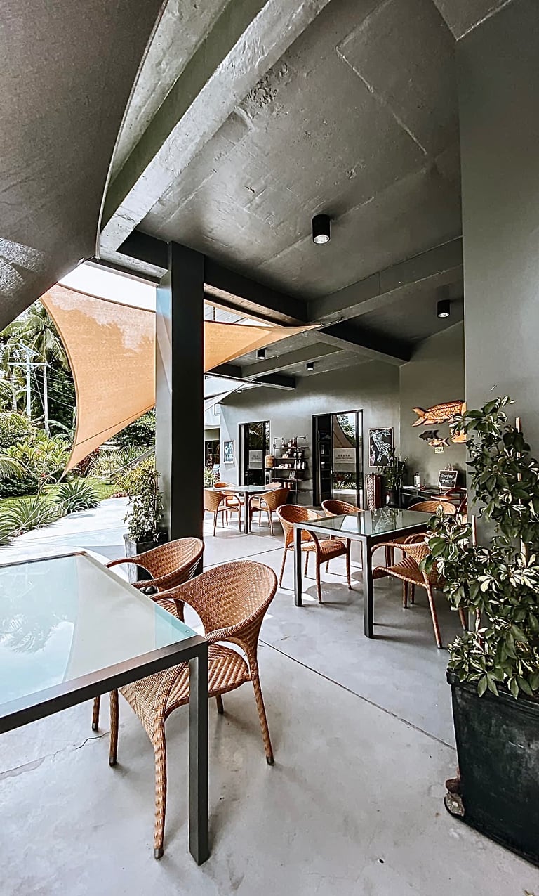 a patio with a table and chairs and a potted plant