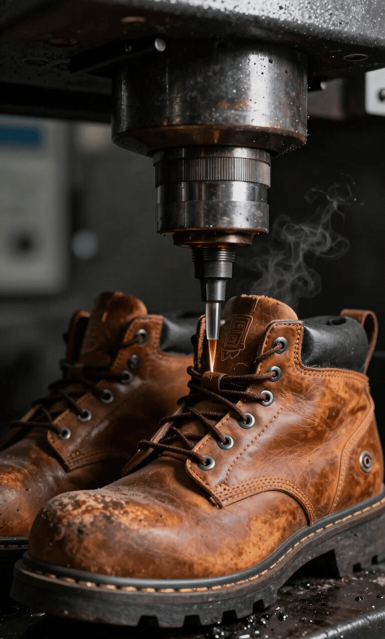 Macro shot of a heavy-duty safety boot sole being directly injected onto the leather upper in an industrial molding machine, high-contrast side lighting, sparks or vapor visible, deep charcoal and warm leather tones, sharp detail, 35mm.