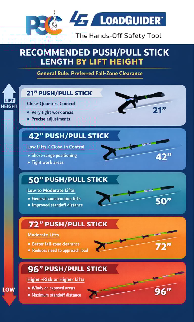 Hands-free lifting safety website design for PSC LoadGuider push pull stick with blue footer and cle