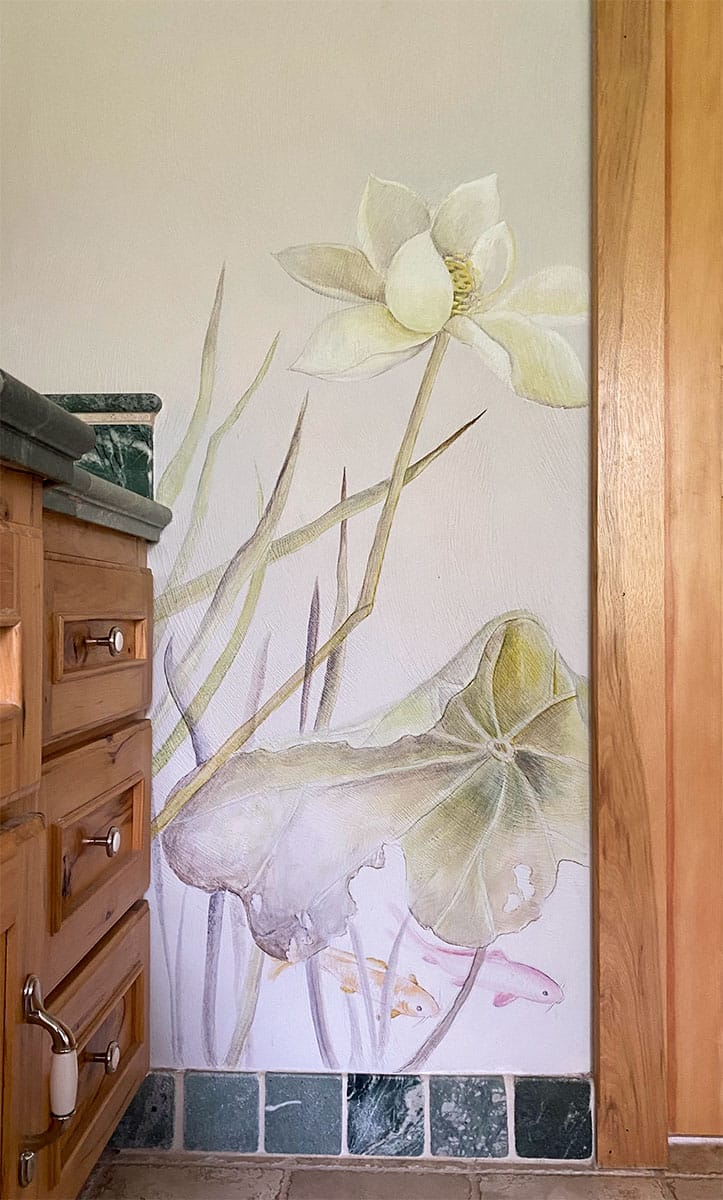 Bathroom mural with white lotus flower and seedpod with koi fish taking refuge amongst the flora.