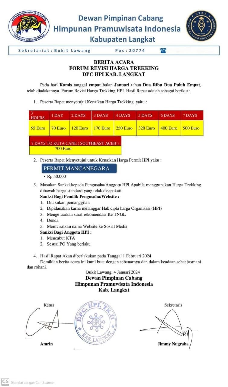 Official document showing the HPI Bukit Lawang trekking prices for 2024 in North Sumatra, Indonesia.