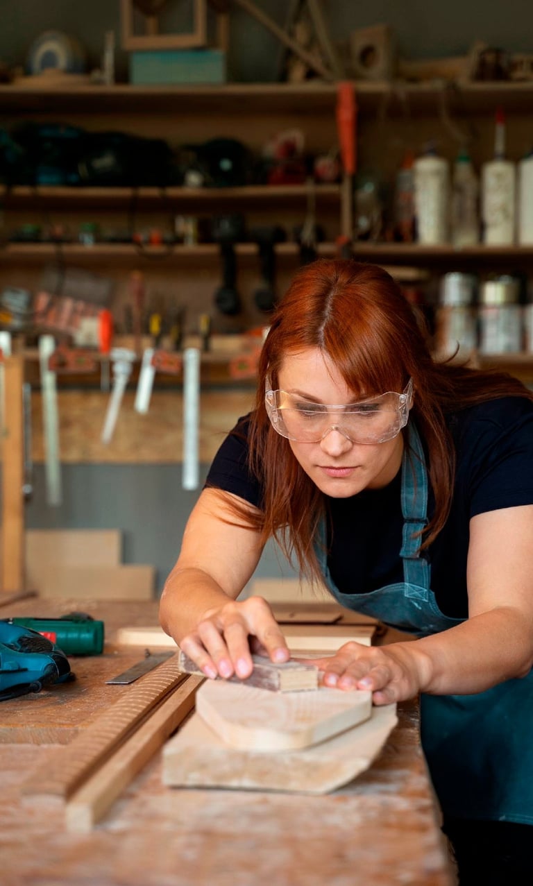 a woman in a blue apron and glasses is making a pottery pottery pottery pottery pottery