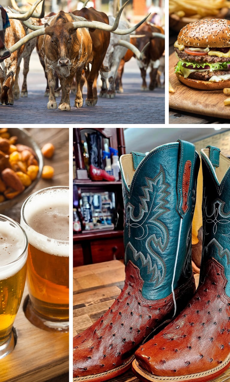 multiple images showing longhorn cattle, burgers and fries, beer, and cowboy boots