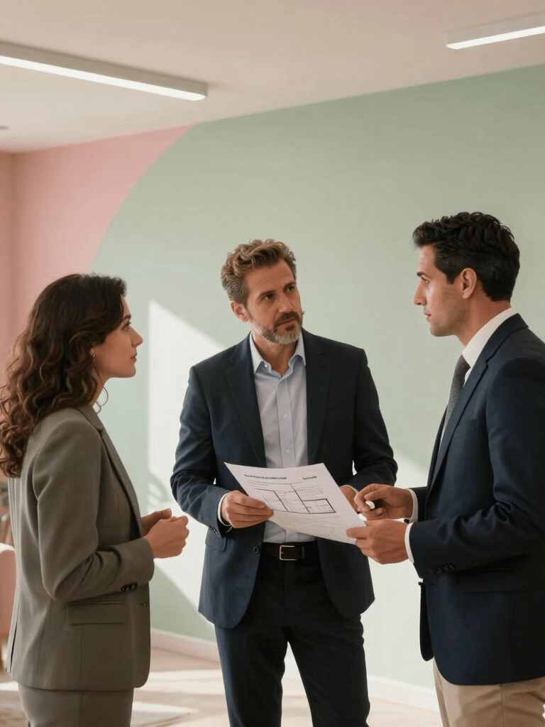 Interior photograph of two executive wellness consultants discussing architectural plans for corporate lactation spaces in a modern office in Hispanic / Corporate Latin America & Spain. Warm daylight, soft pink and light green decorative details, upscale and professional environment.