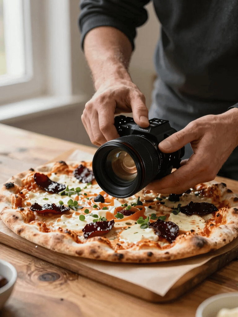 A professional, close-up photograph of a digital content creator carefully photographing a beautifully styled, artisanal flatbread pizza on a rustic wooden table. The scene is bright with soft natural light coming from a nearby window. Subtle elements of warm parchment and deep ripe crimson details, fitting for North American and Northern European culinary markets.