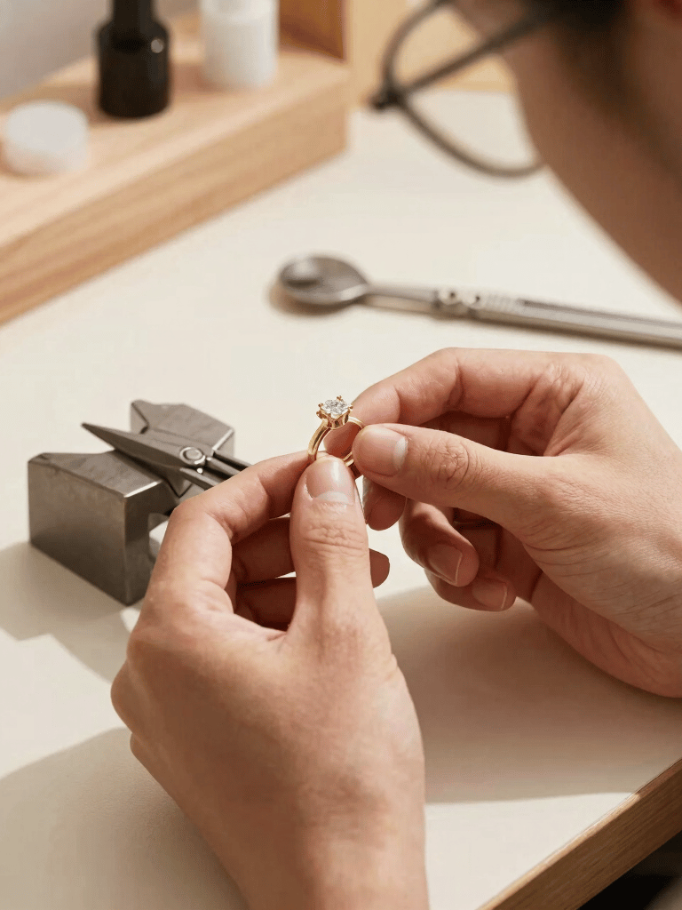 An artistic close-up photograph of a professional jeweler's hands meticulously designing a gold gemstone ring in a sunlit atelier. Elegant and clean workspace with tools, sparkling diamonds, and warm beige tones. Modern luxury atmosphere, East Asian / Chinese workspace.