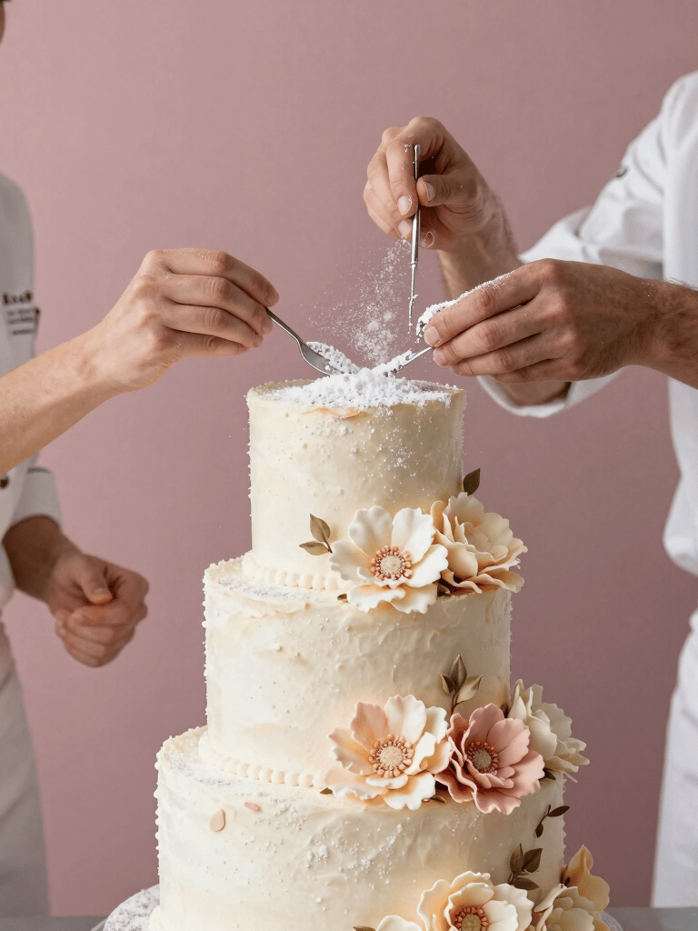 A close-up shot of two professional bakers, hands gently dusting powdered sugar onto an intricate, multi-tiered wedding cake decorated with realistic sugar flowers. Muted dusty pink background, soft natural lighting, elegant Western European kitchen setting, high-end patisserie aesthetic.