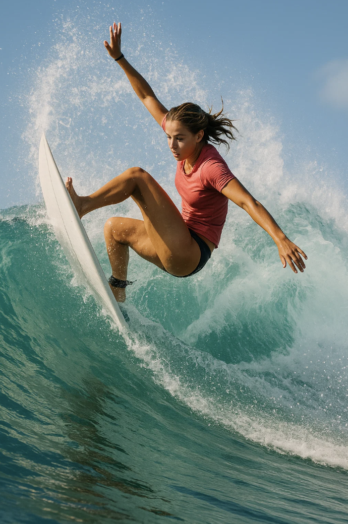 Une surfeuse réalise une figure de surf pour la journée du surf