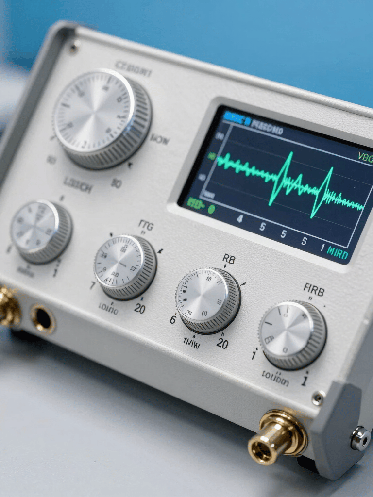 Close-up of high-quality electronics test equipment, showing clean technical dials, precise digital screens displaying crisp waveforms, and metallic connectors. The background is a clean workspace in slate gray and bright blue hues. Sharp focus, professional macro photography representing high engineering standards.