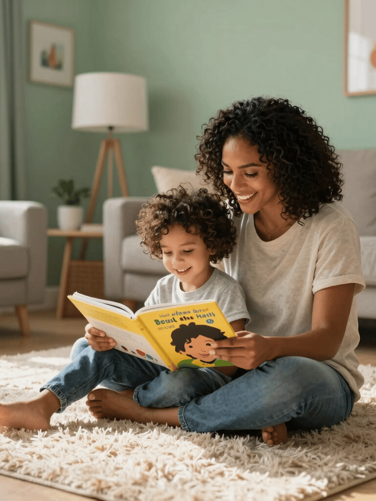A joyful photography scene set in a modern North American / Global Multicultural home playroom. A parent and young child sit together on a plush beige rug, reading a brightly illustrated storybook about healthy hair care. The room features soft sage green walls, warm sunlight, and cheerful decor elements.
