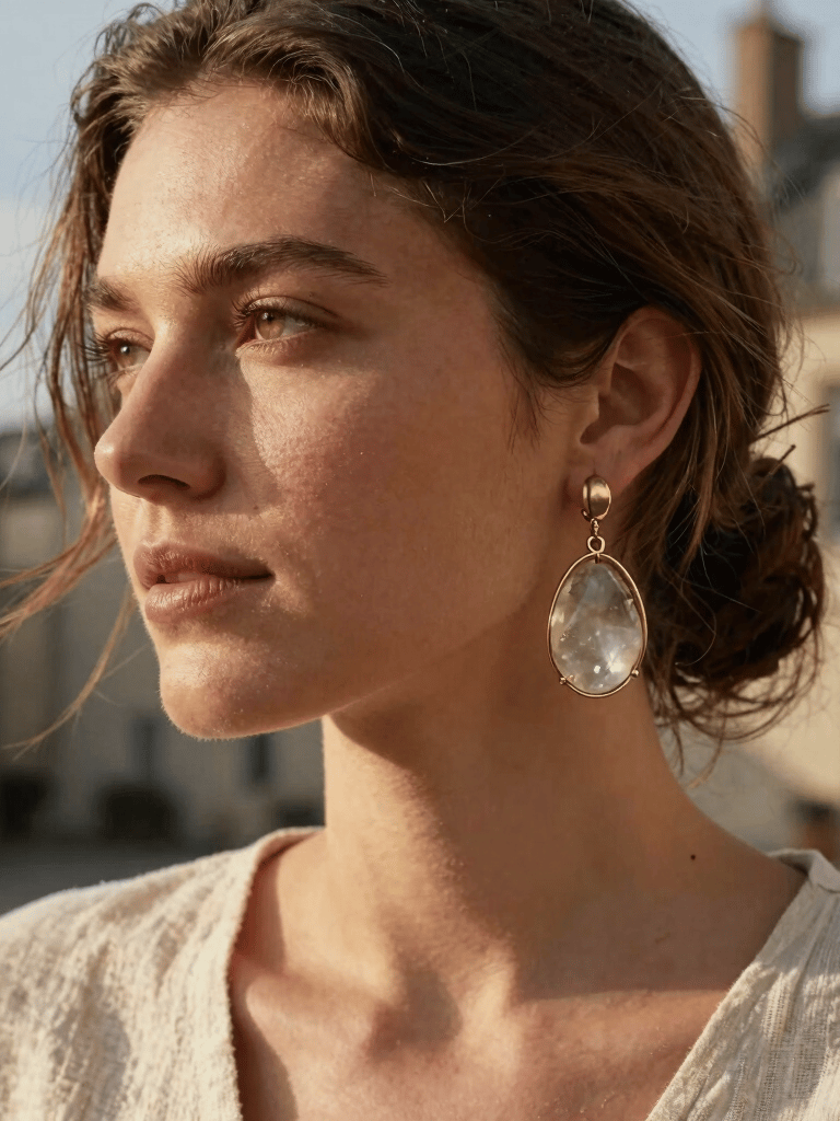 A close-up portrait of a woman in Brittany, France, wearing delicate handcrafted bobo-chic brass earrings with raw quartz. Warm late afternoon sun, natural textures of linen and soft wind, outdoor setting with a blurred background of a Rennes courtyard, organic and gentle style, photography.