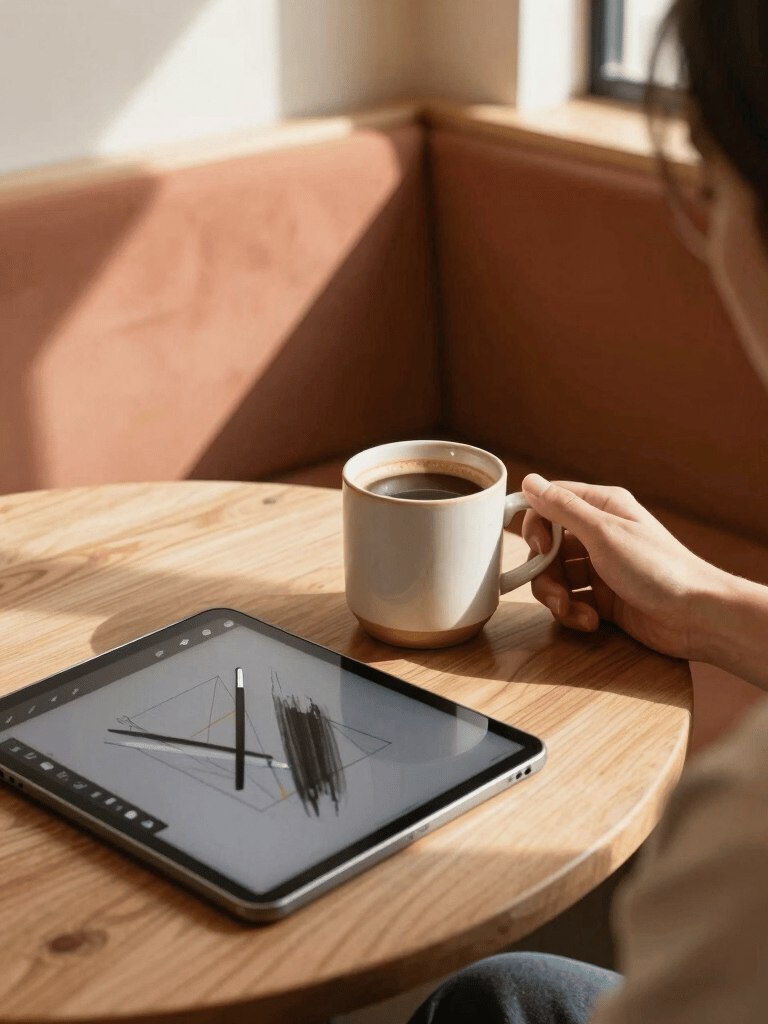 A warm, atmospheric photo of a digital creator sitting in a cozy, sunlit corner booth of an artisanal café, with a ceramic mug of warm coffee and an iPad displaying artistic digital brushes. The palette features soft cream, terracotta, and warm wood tones, Global / Modern Urban Café Culture.