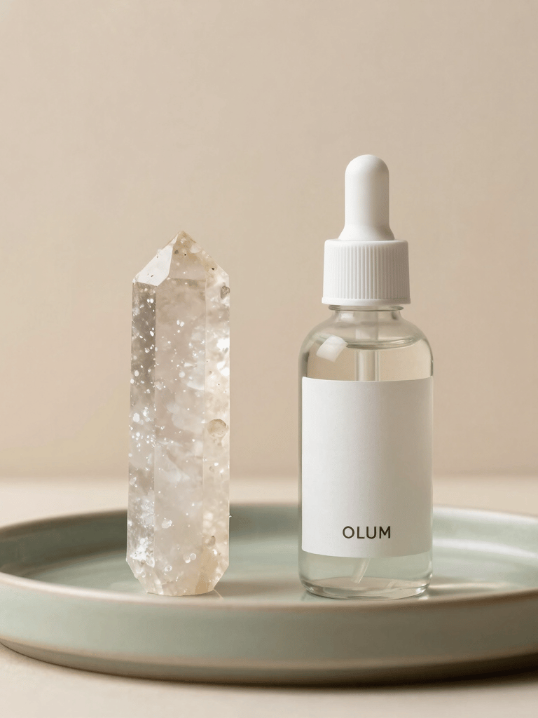 A clean, minimalist product photograph featuring a translucent alum crystal stick and a glass bottle of alum body mist. They are arranged on a light olive green ceramic tray, illuminated by soft natural light. The background is a clean beige plaster wall, evoking tranquil eco-luxury for North American and European Eco-conscious consumers.