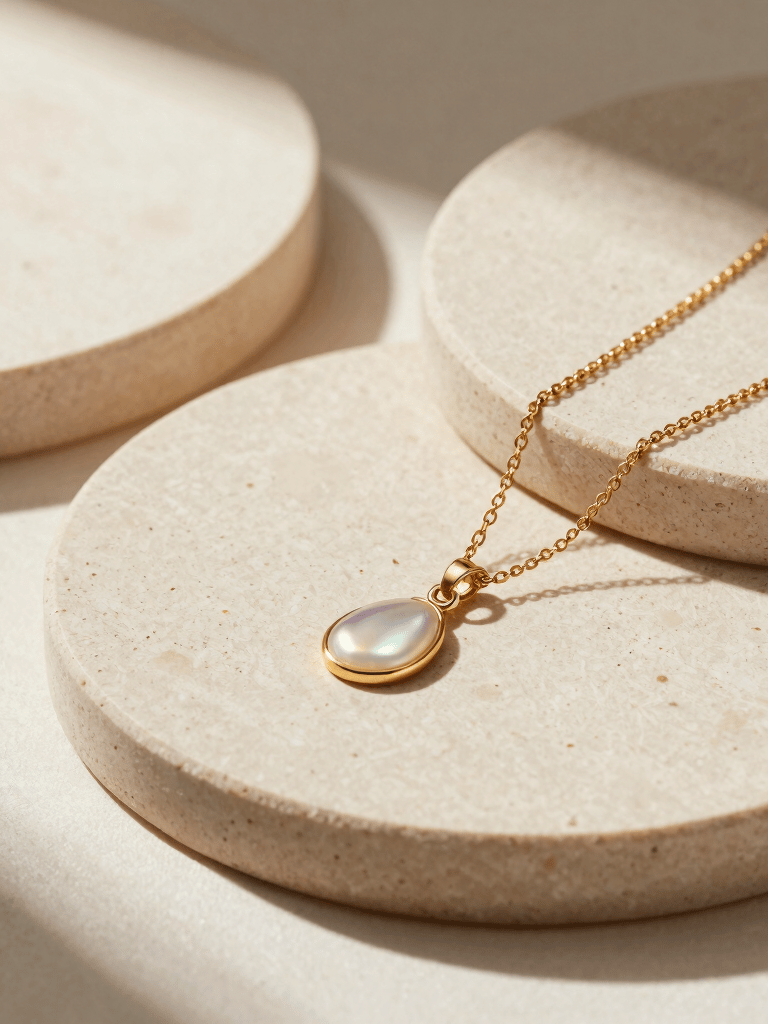 An elegant studio still life of delicate gold pendant necklaces layered over soft beige travertine plates. High-end lifestyle magazine style, beautifully styled with warm-toned shadows and a minimal, clean composition under soft morning light.