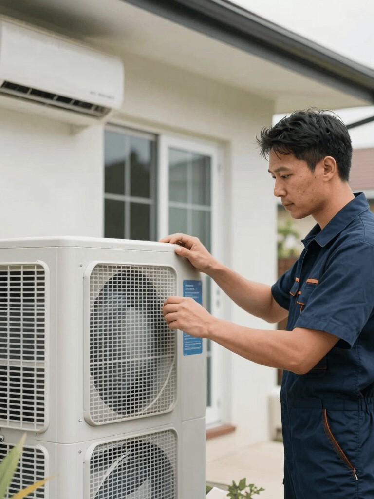 A professional technician wearing smart apparel inspecting a clean residential air conditioning system outside a modern home. The scene has clear, bright lighting, emphasizing trust and structural reliability in a Global / North American and Australian residential setting.