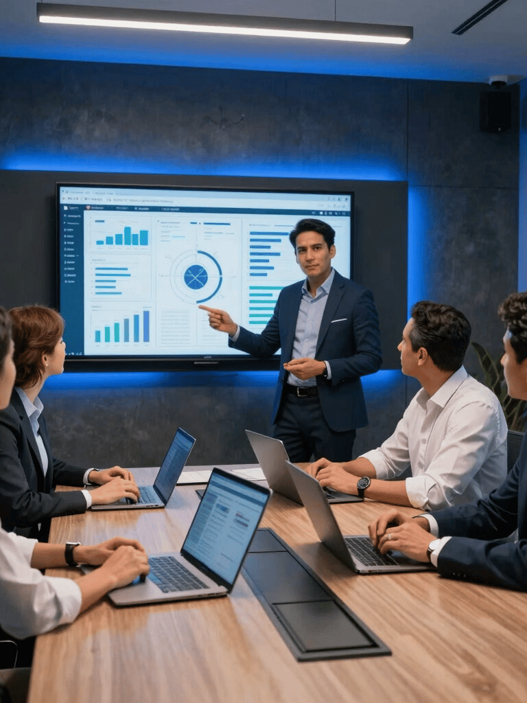 A professional photography scene showing a Latin American / Hispanic Enterprise executive team collaborating in a modern conference room with dark slate tone finishes, vivid electric blue ambient LED highlights, viewing digital strategic planning charts on modern displays.