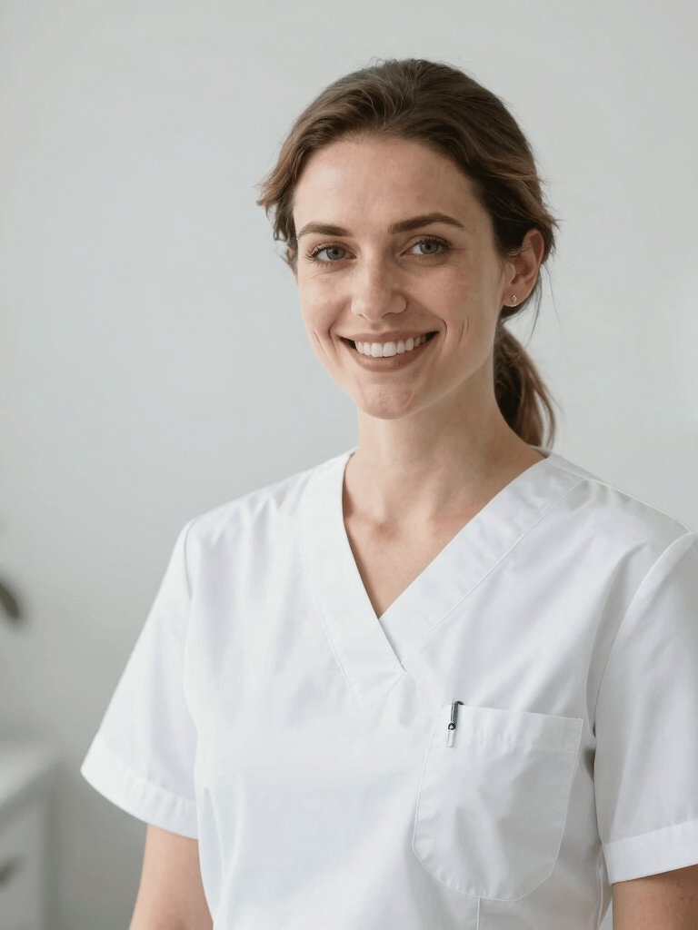 A warm, professional portrait of a friendly female nurse of European Union origin, wearing clean medical scrubs, smiling reassuringly at the camera in a modern, bright Spanish clinic setting. The lighting is natural and soft, with a palette of clean white, soft gray, and gentle medical blue accents.