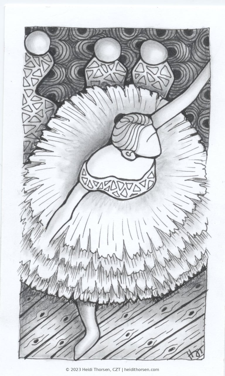 Degas Dancer, 2023, by Heidi Thorsen, CZT. Tutu drawn in dega2 tangle, wood floor in dega1.