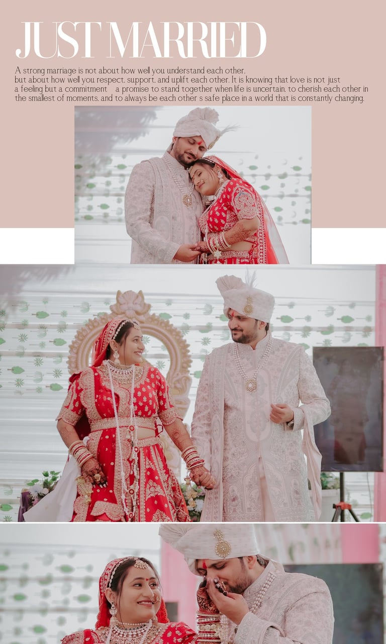 Collage of wedding moments: Just Married couple holding hands and groom kissing bride's hand.