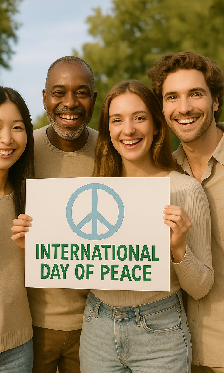 Quatre personnes en photo avec un panneau "journée internationale de la paix".