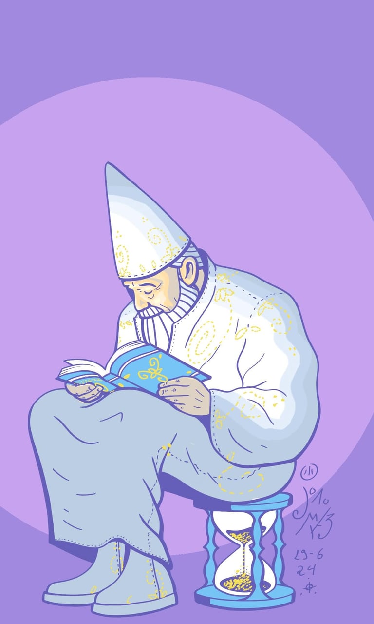 Estudo de cores e luz de druida lendo seu livro magico sentado numa ampulheta, de Jaum 2024