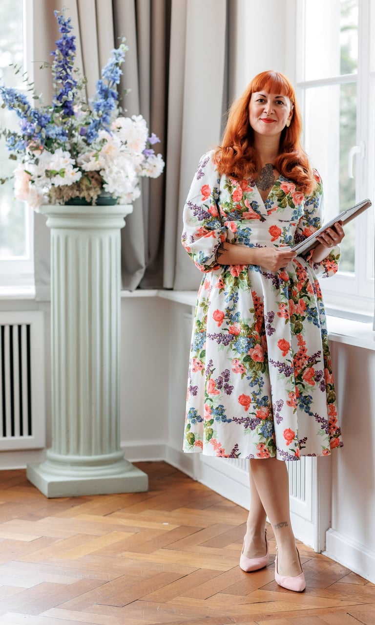 Ramona, freie Rednerin, steht im geblümten Outfit und Rede in den Händen bereit für die freie Trauung