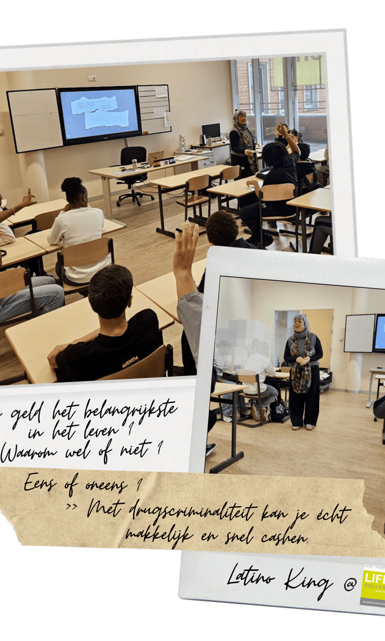 Students in a classroom at Life College participating in a debate about money and drug crime.