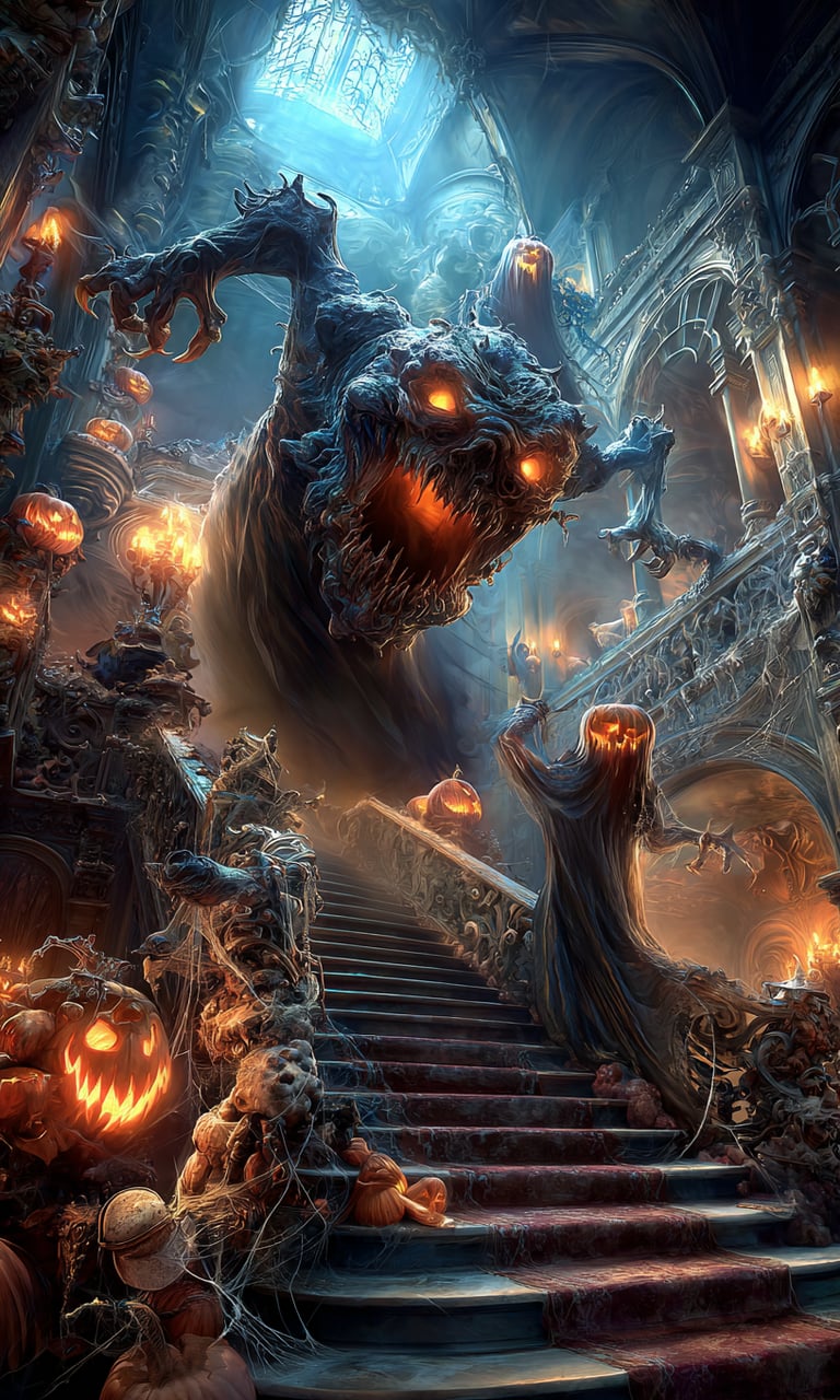 ghouls on stairs in a haunted mansion 
