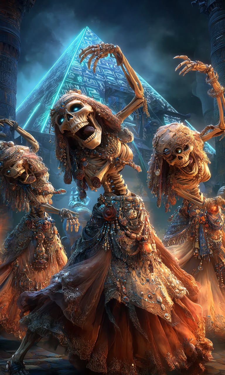 skeletons dancing on a spooky dance floor
