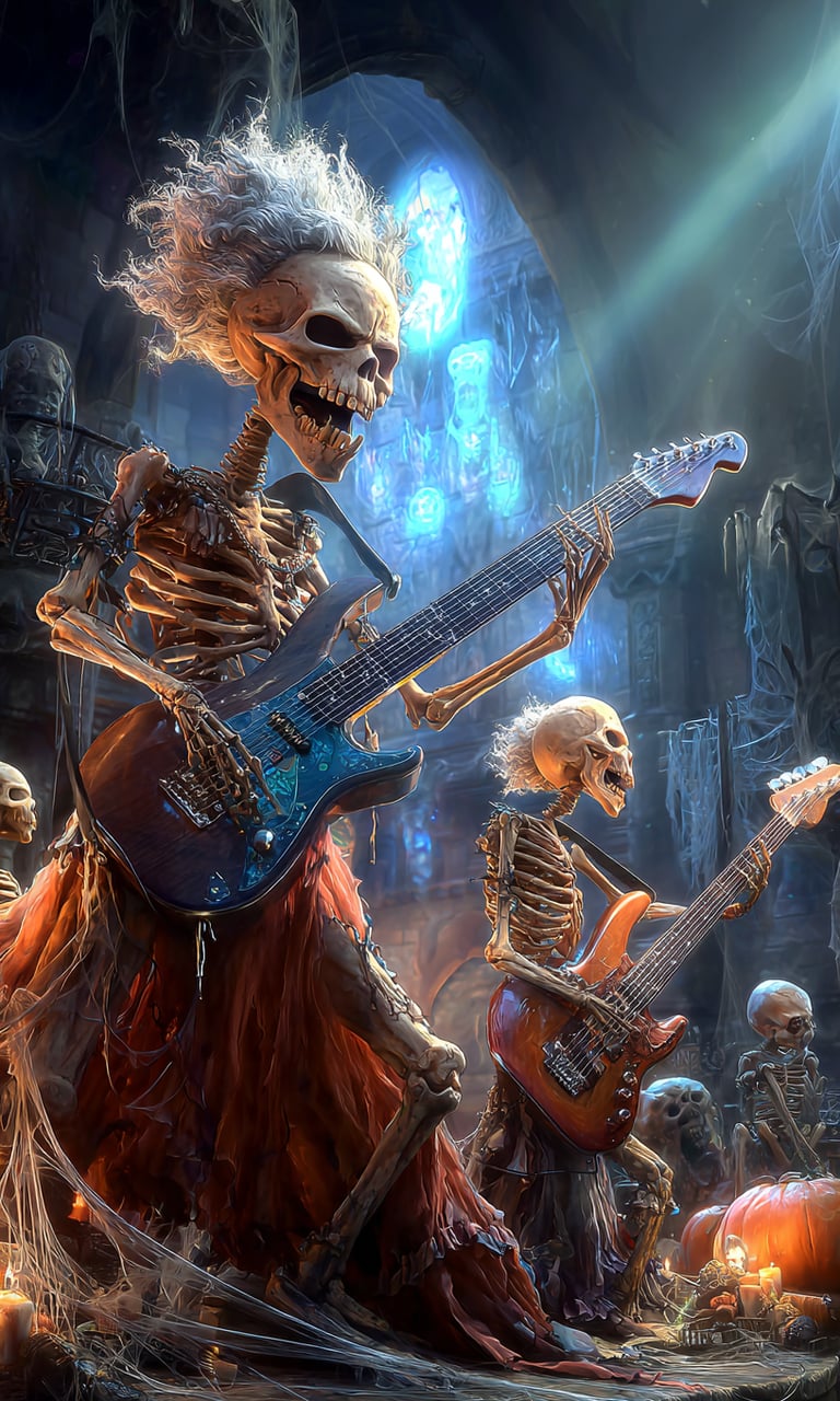 skeletons playing guitar on a stage