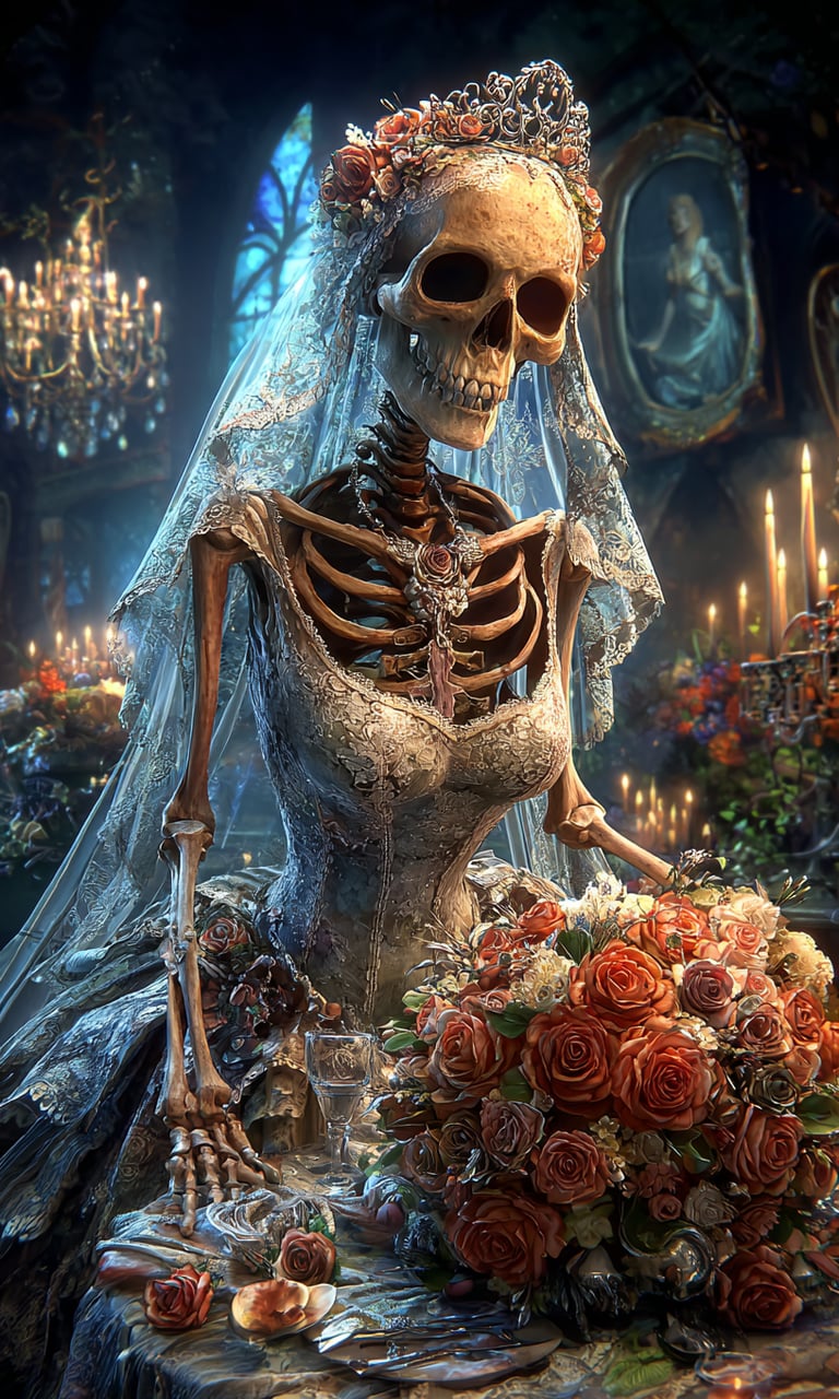 Halloween skeleton bride with flowers 