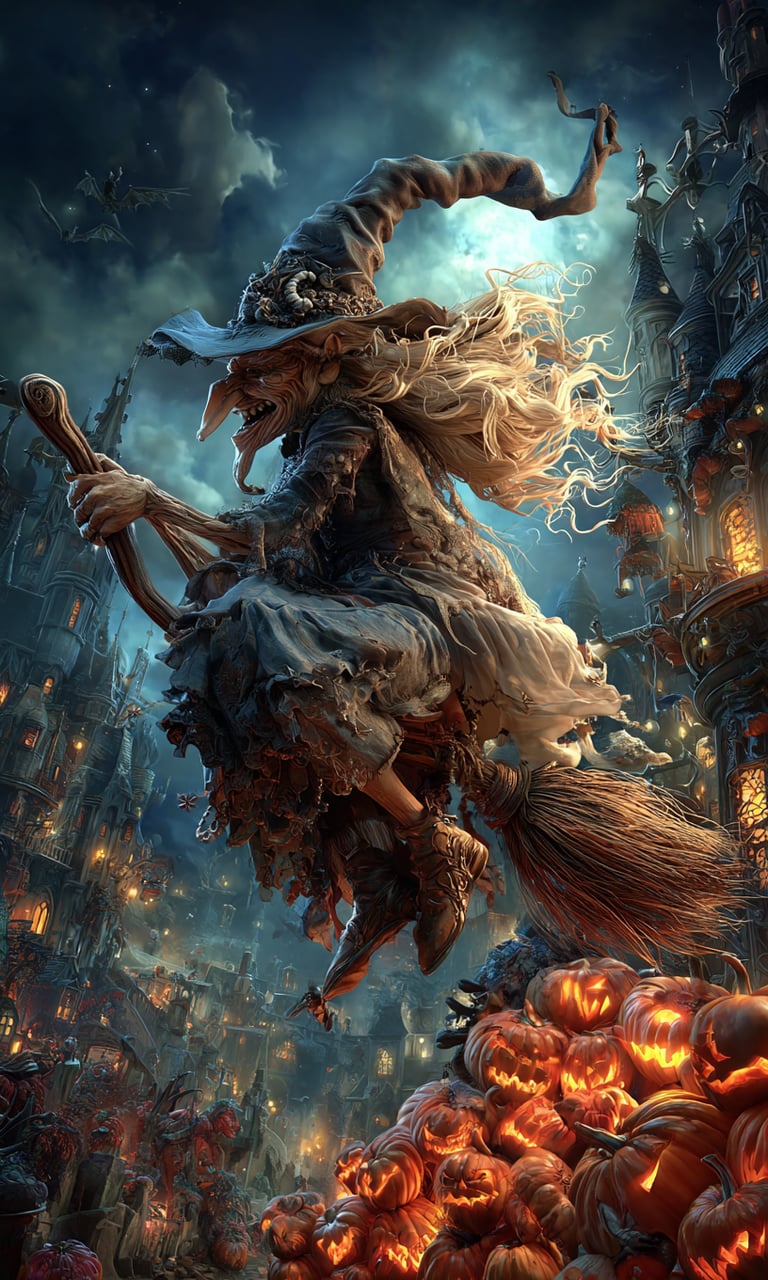 witch flying on a broom on a spooky halloween night with pumpkins