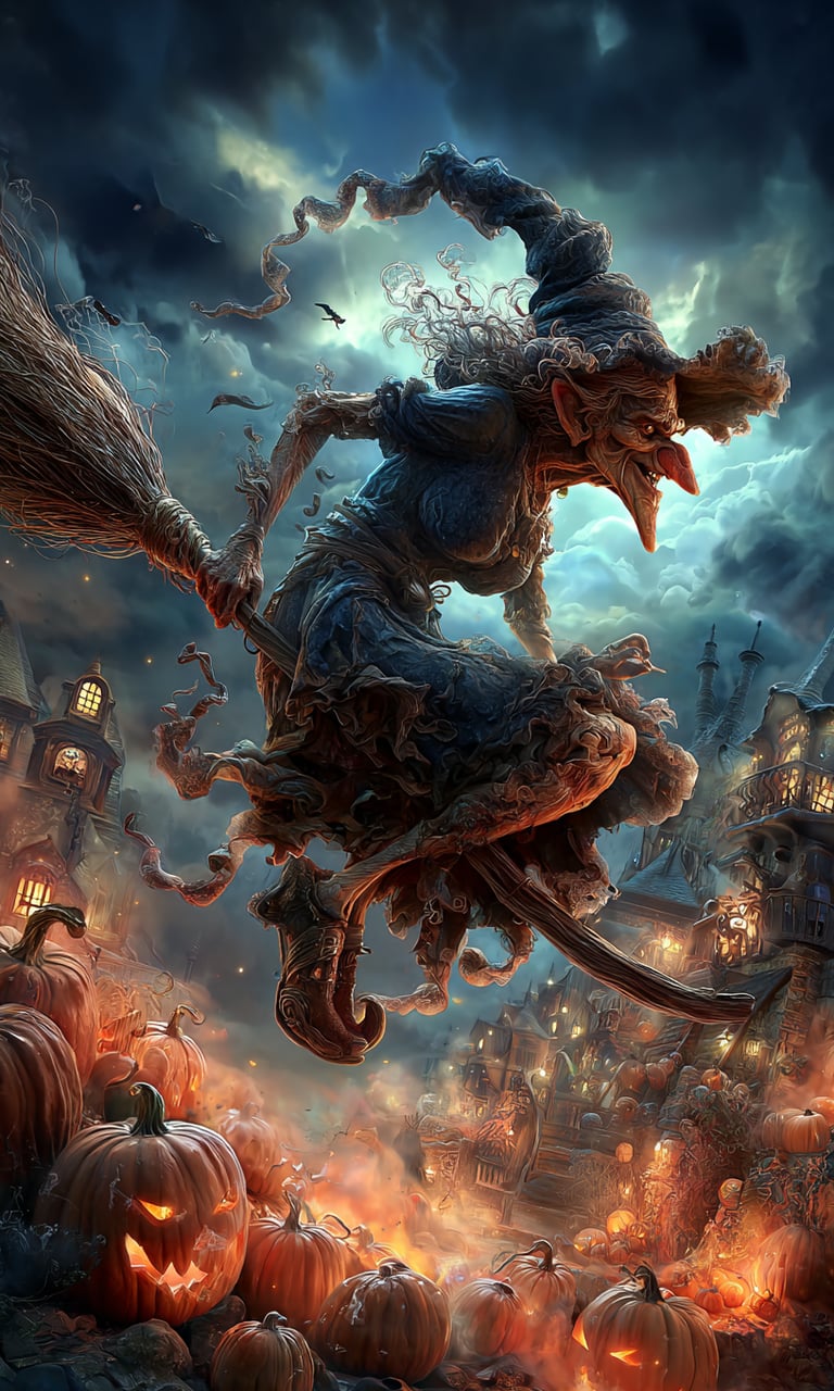 witch on a broom flying over a pumpkin patch