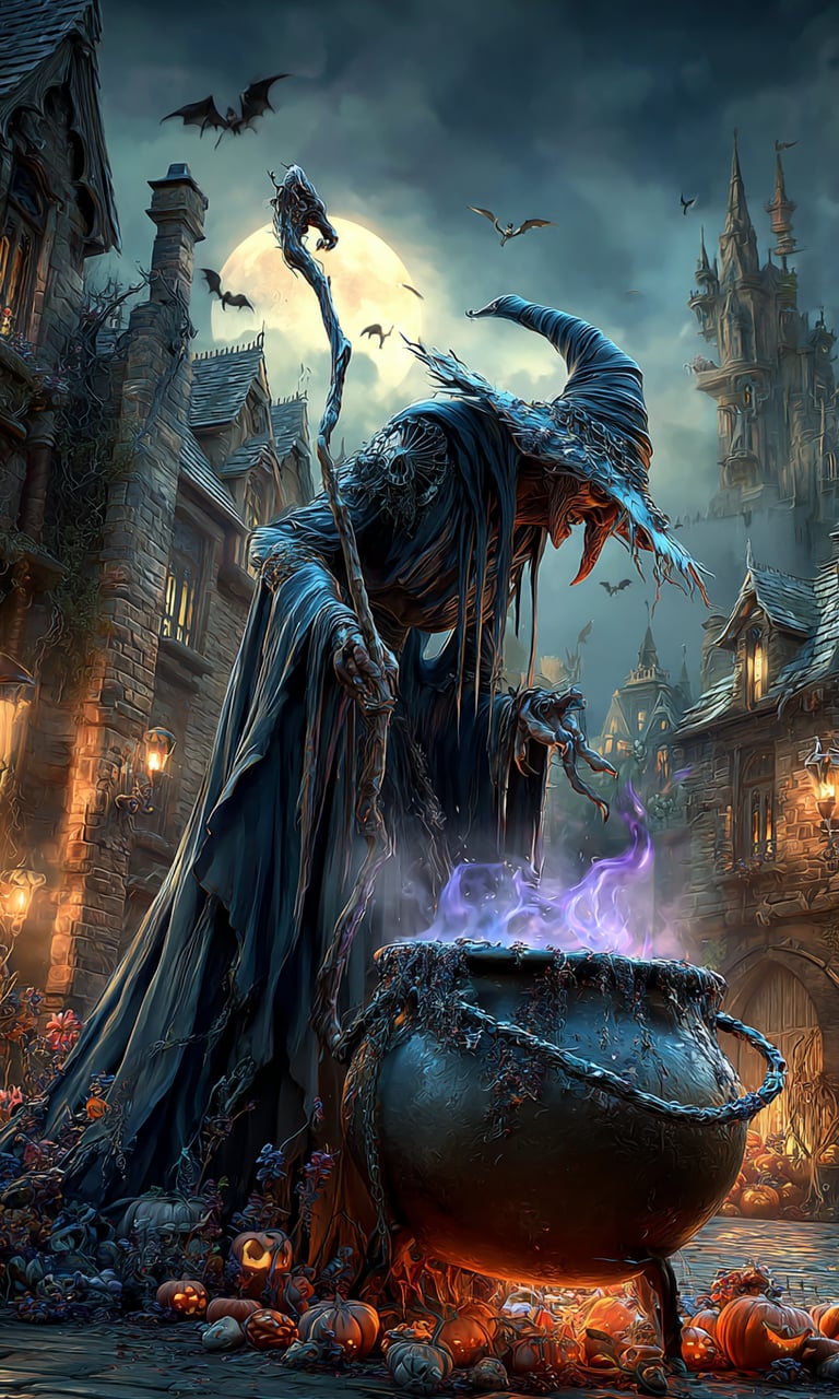 witch with a boiling caldron in a spooky scene