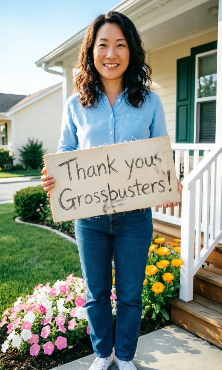Happy client with sign that says Thank you Grossbusters!