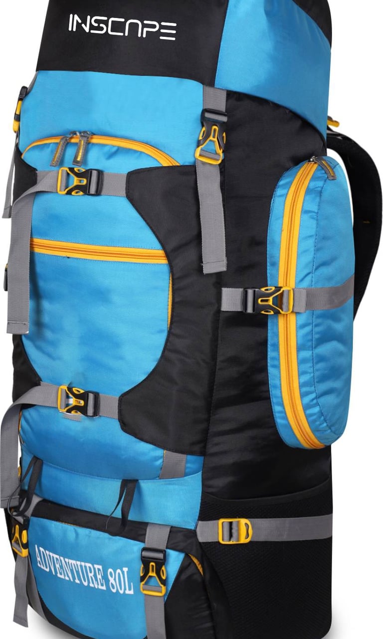 hiking bag with light blue and black color with yellow zippers and multiple pockets