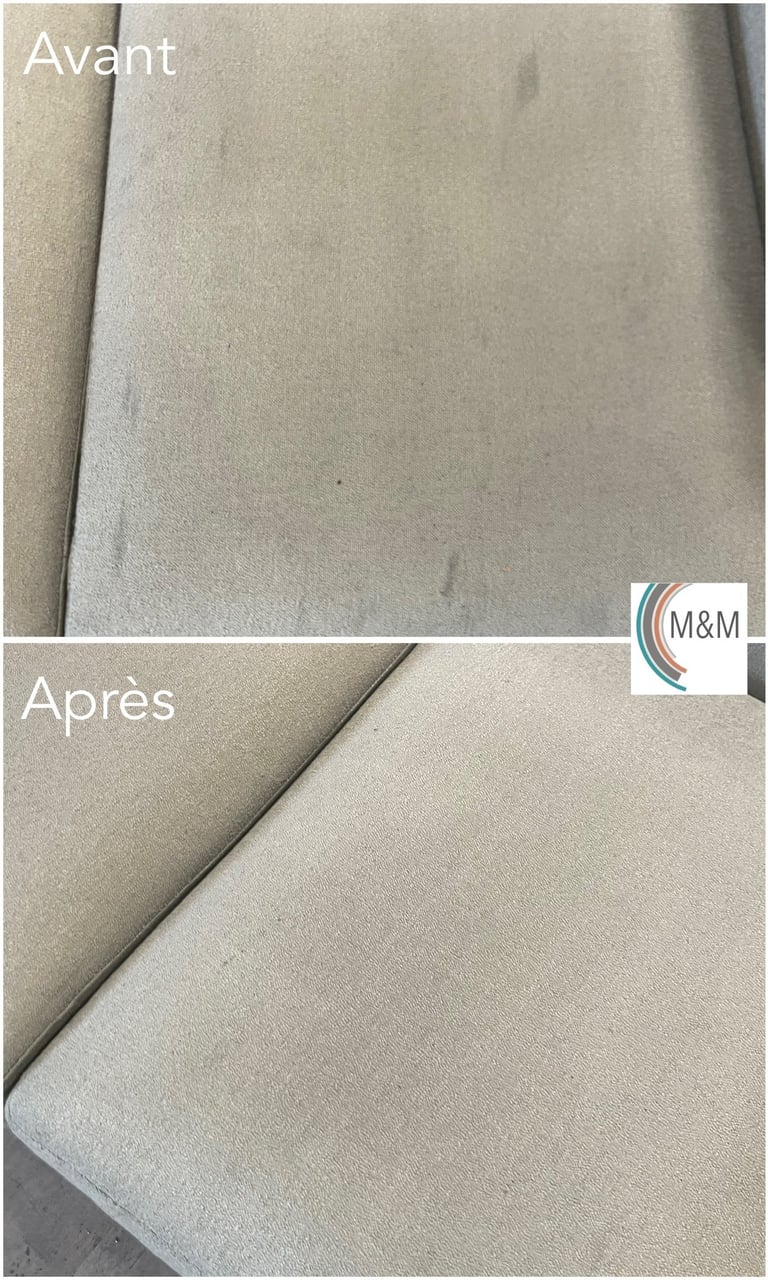 Avant après shampouinge d'une assise de canapé blanche nettoyage en profondeur à Rouen M&M Services 