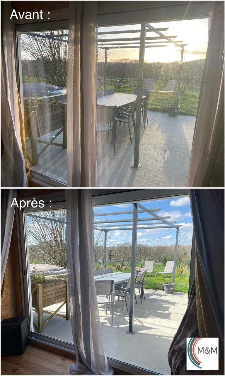 Avant après d'un nettoyage de vitres chez particuliers baie vitrée - m&m services pro rouen