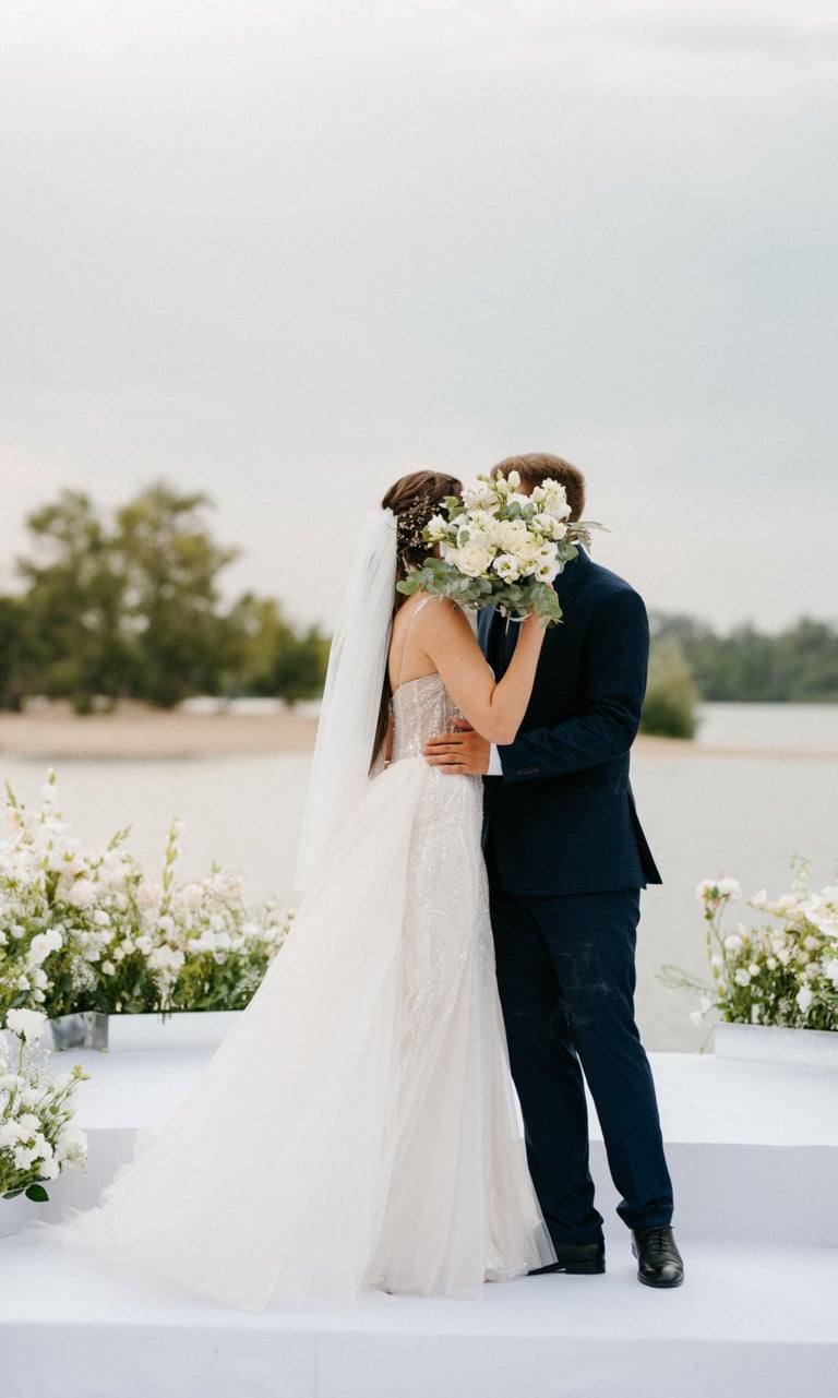 Bride and groom kiss at outdoor ceremony captured by professional wedding videographer in Glasgow