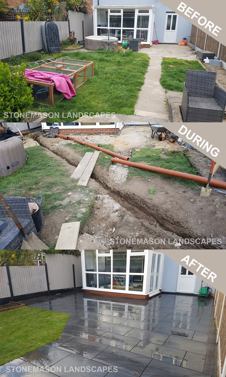 Before During & After Underground Drainage Pipes Dark Grey Porcelain Paving Patio & Lawn