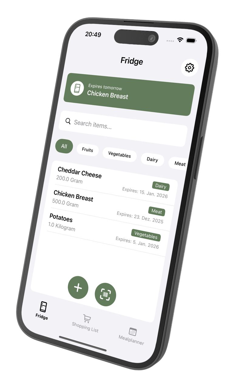 ReFridge app showing food inventory with expiration dates