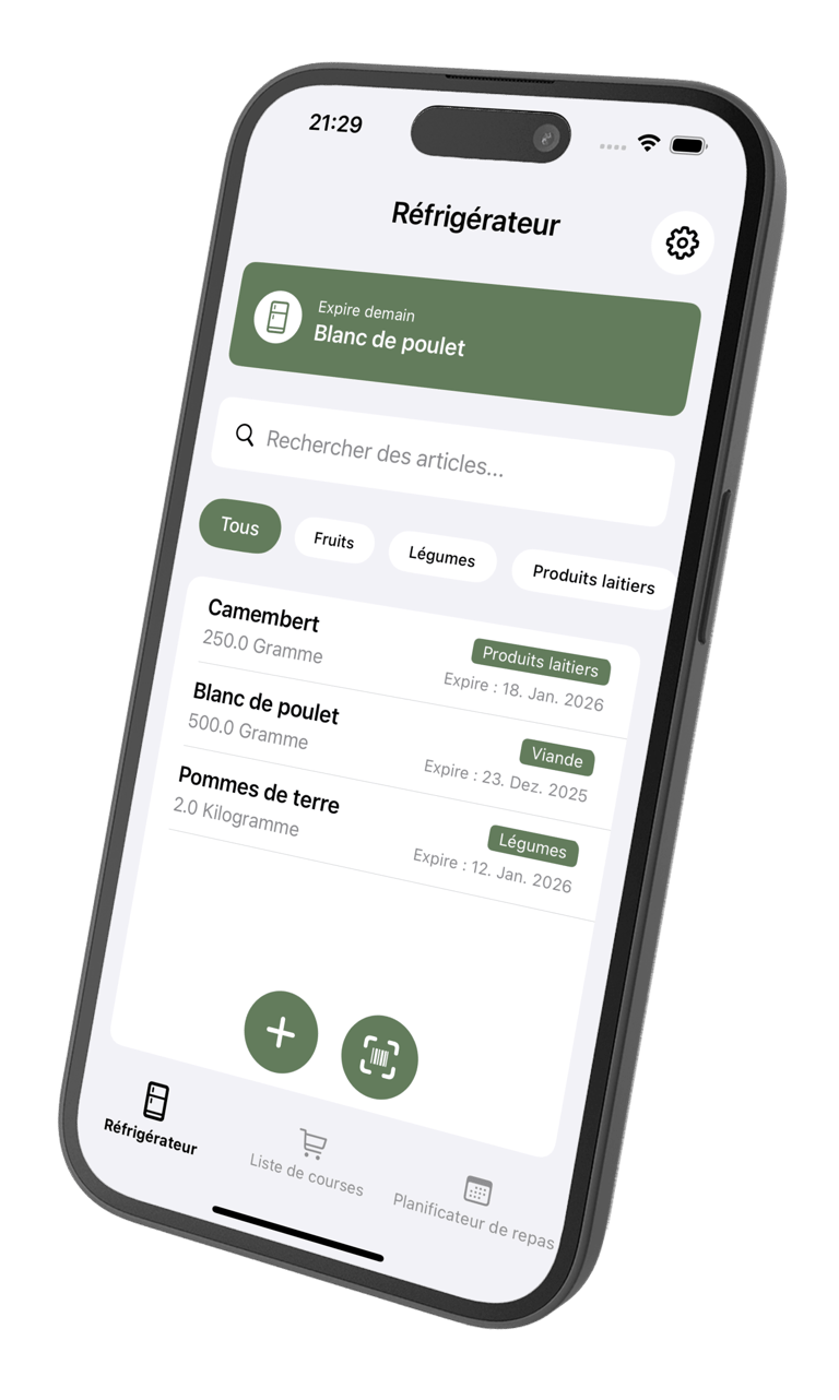 Aplicación ReFridge mostrando el inventario de alimentos con fechas de caducidad