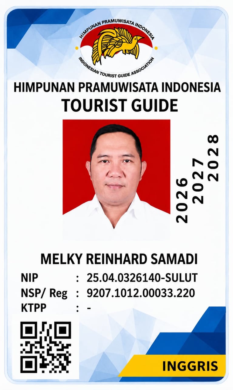 Official Indonesian Tourist Guide ID card for Melky Reinhard Samadi with HPI logo and QR code.