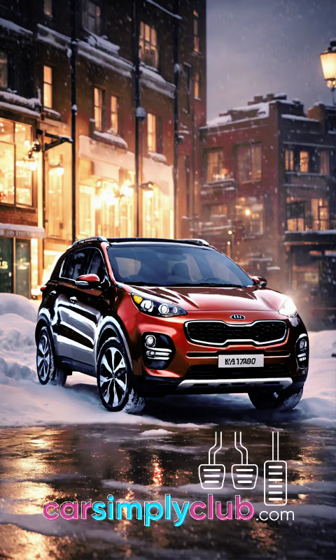 a red Kia Sportage parked in front of a building