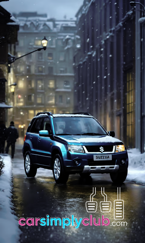 a Suzuki Vitara parked on a snowy street in a city